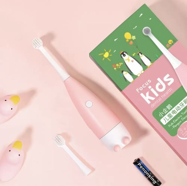Детская электрическая зубная щётка Пингвинчик Focus Kids. Розовая 3028548077 фото
