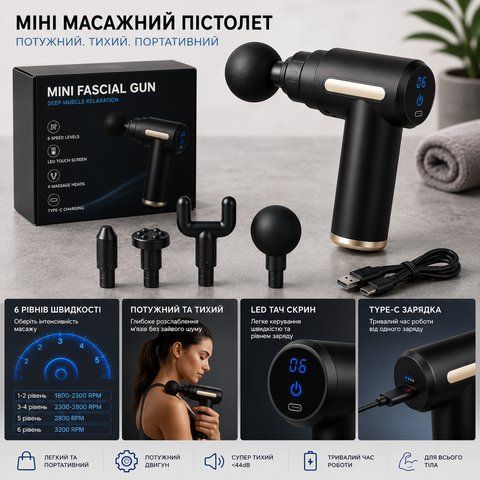 Массажный пистолет для тела 800 мАч &ndash; портативный перкуссионный массажер 6 часов работы 3048158217 фото