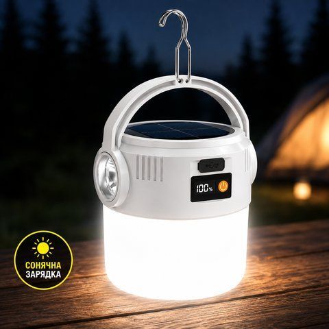 Кемпінговий ліхтар 2-в-1 на сонячній батареї та USB, 360&deg; LED, з підвісом і дисплеєм заряду 3150215983 фото