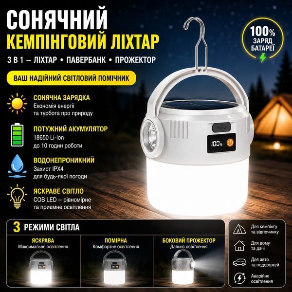 Кемпінговий ліхтар 2-в-1 на сонячній батареї та USB, 360&deg; LED, з підвісом і дисплеєм заряду 3150215983 фото