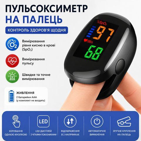 Пальцевий Пульсоксиметр SpO2 + Пульс &mdash; Цифровий з LED-дисплеєм 3082292398 фото