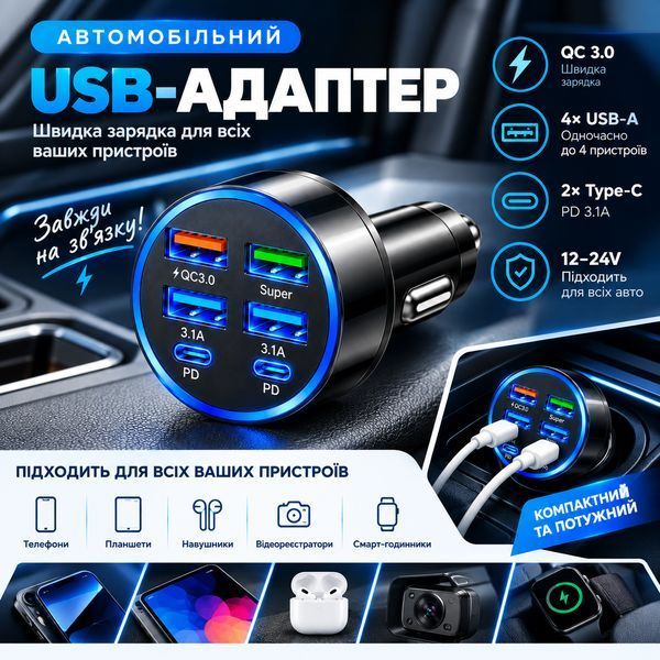 Автомобільний зарядний пристрій 6-в-1 PowerHub 100Вт (4USB + 2PD) 3190537676 фото