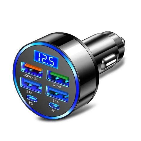 Автомобільний зарядний пристрій USB-C з дисплеєм напруги, 4 USB і 2 PD-порти, QC3.0, Super Fast заряджання 2613157360 фото